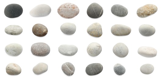 Image of Sea pebbles. Different stones isolated on white, set