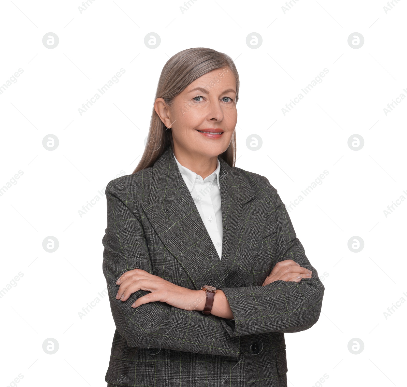 Photo of Portrait of smiling woman with crossed arms on white background. Lawyer, businesswoman, accountant or manager