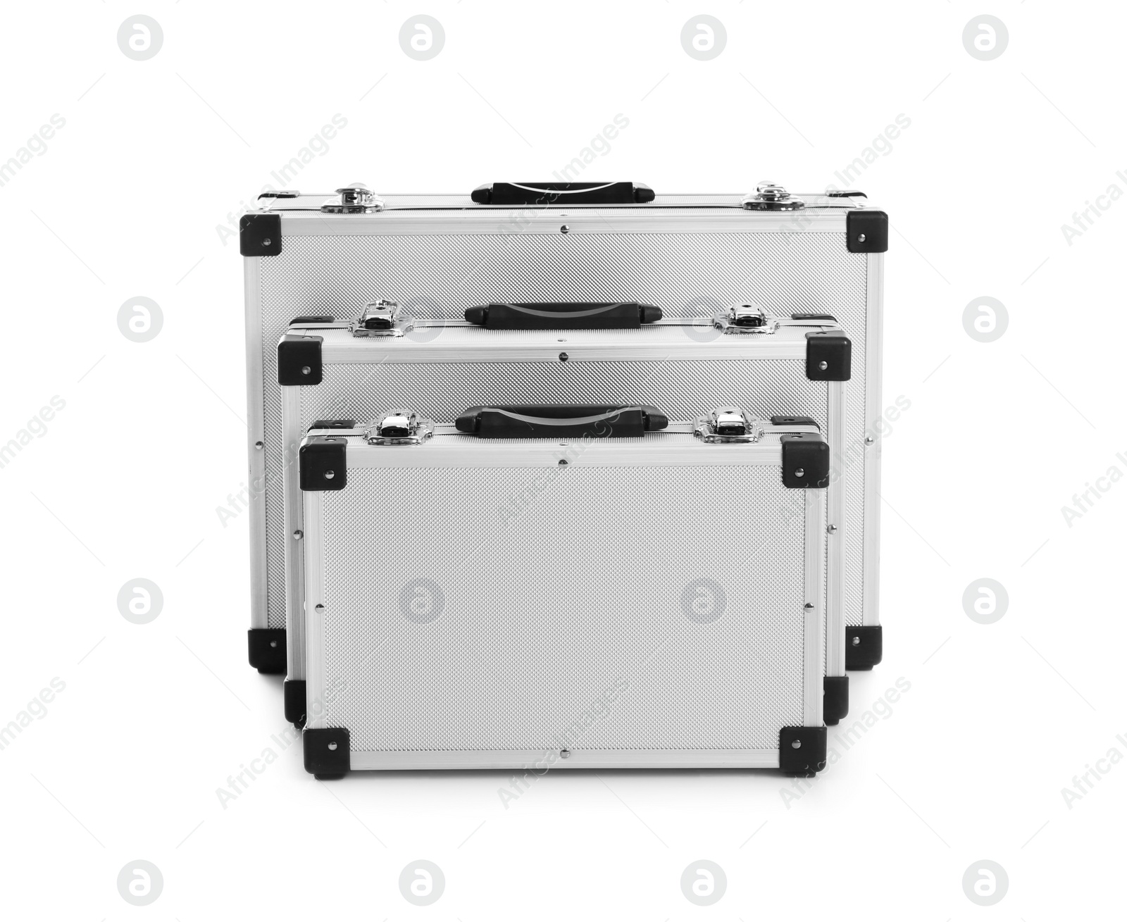 Photo of Set of modern suitcases on white background