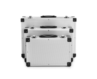 Photo of Set of modern suitcases on white background