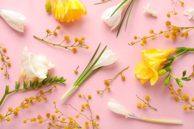 Photo of Flat lay composition with spring flowers on pink background