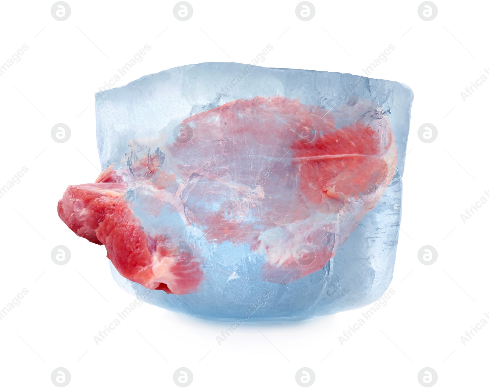 Image of Frozen food. Raw meat in ice cube isolated on white