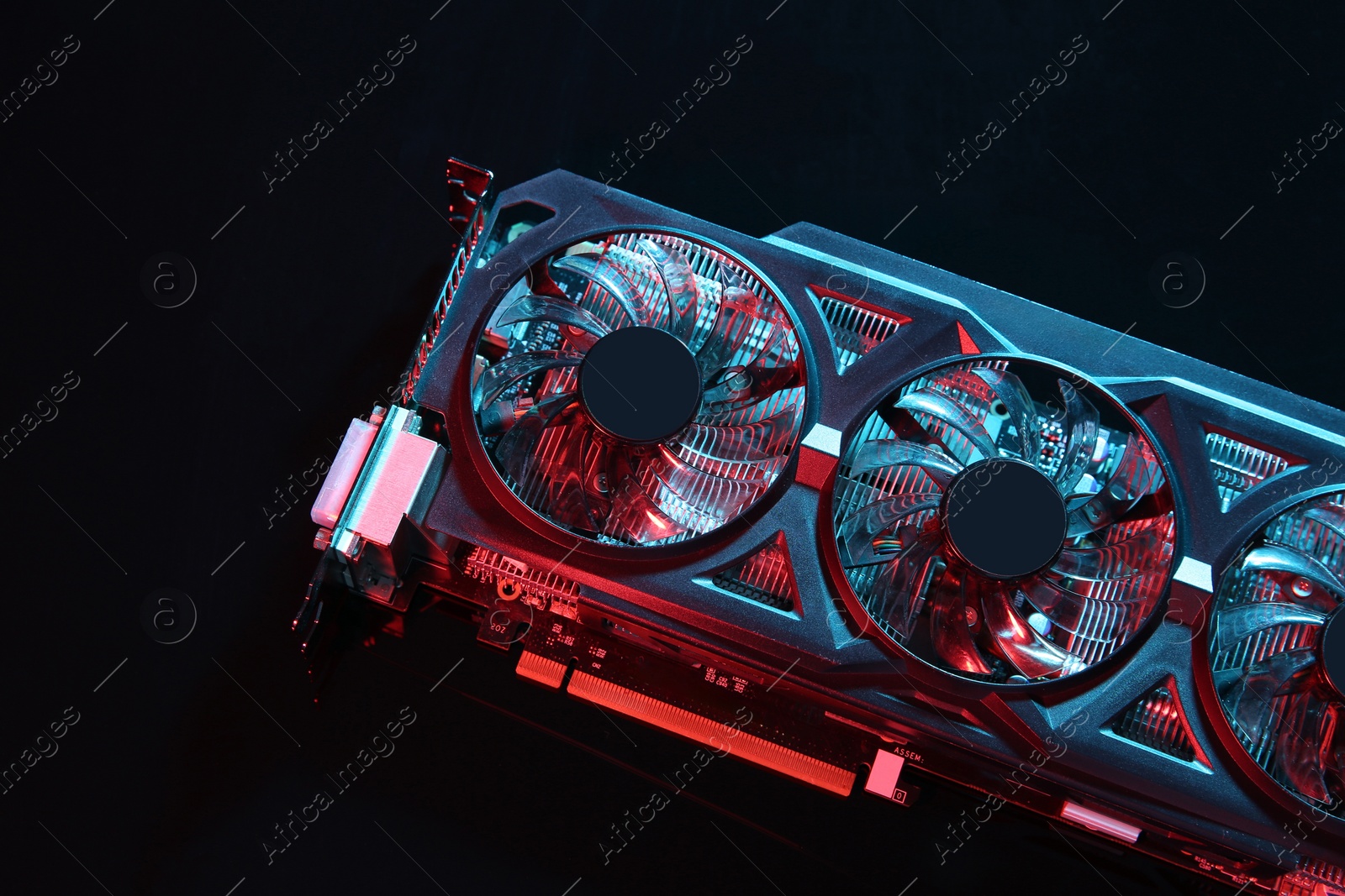 Photo of Computer graphics card on dark background, top view