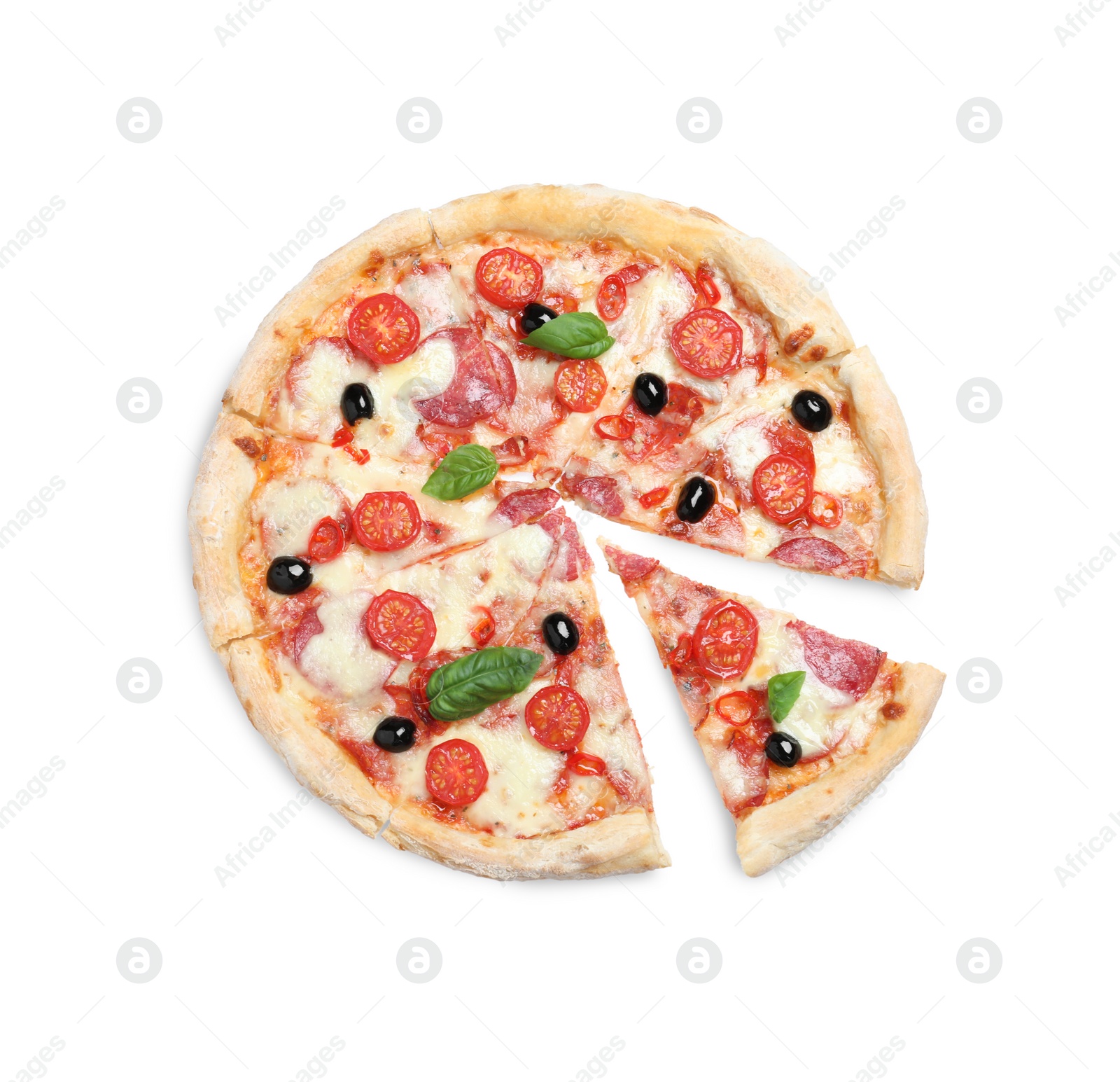 Photo of Delicious pizza Diablo isolated on white, top view