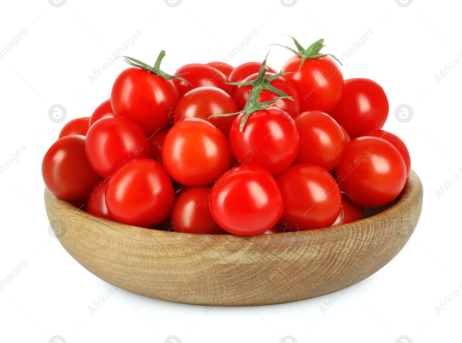 Wooden bowl with fresh ripe cherry tomatoes isolated on white Photo of Wooden bowl with fresh ripe cherry tomatoes isolated on white