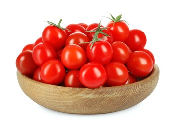 Photo of Wooden bowl with fresh ripe cherry tomatoes isolated on white