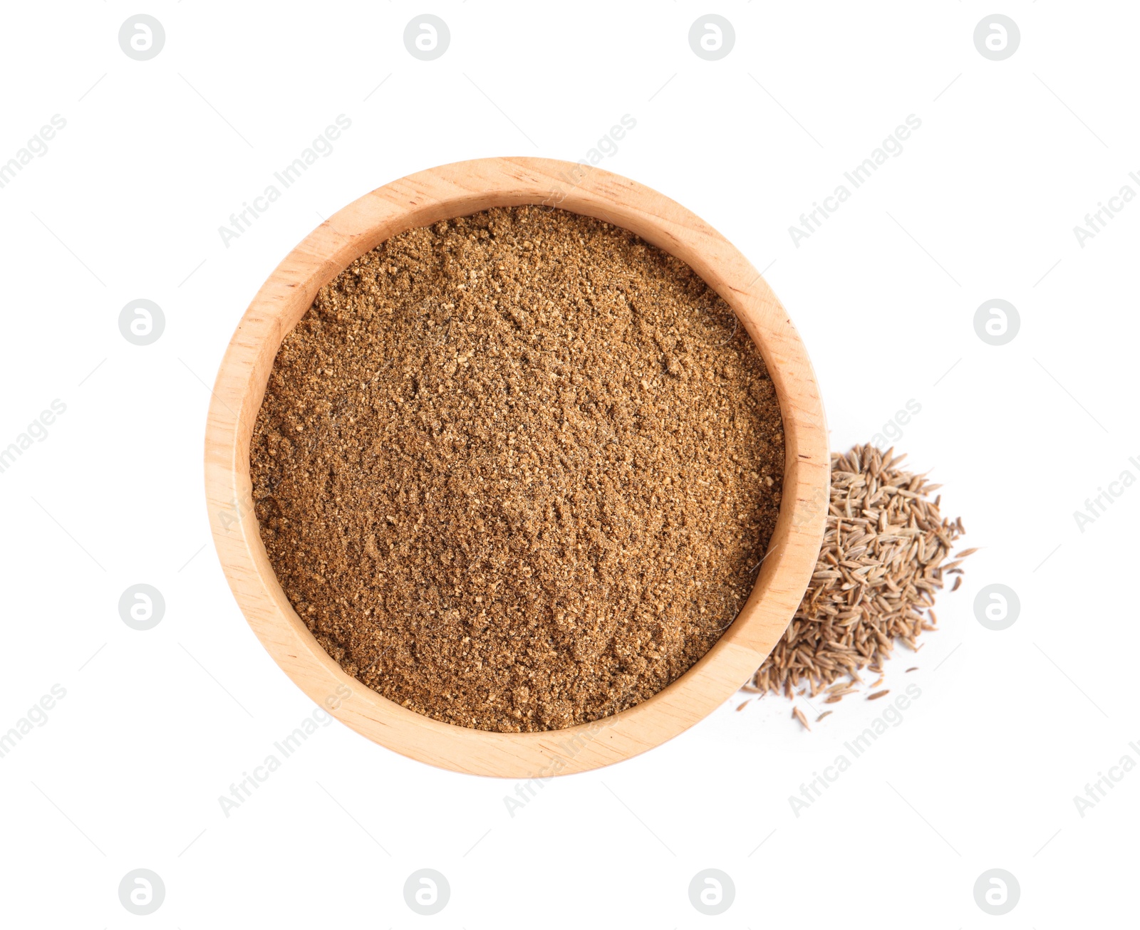 Photo of Bowl of aromatic caraway (Persian cumin) powder and dry seeds isolated on white, top view
