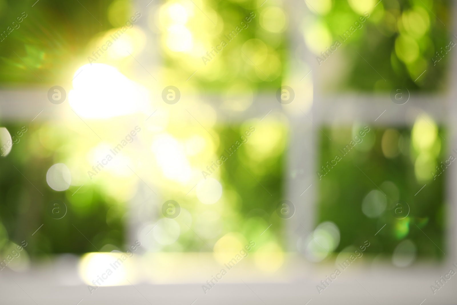 Photo of Blurred view through window on garden in morning