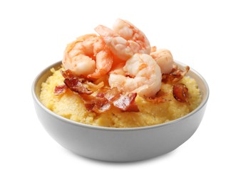 Photo of Fresh tasty shrimps, bacon and grits in bowl isolated on white