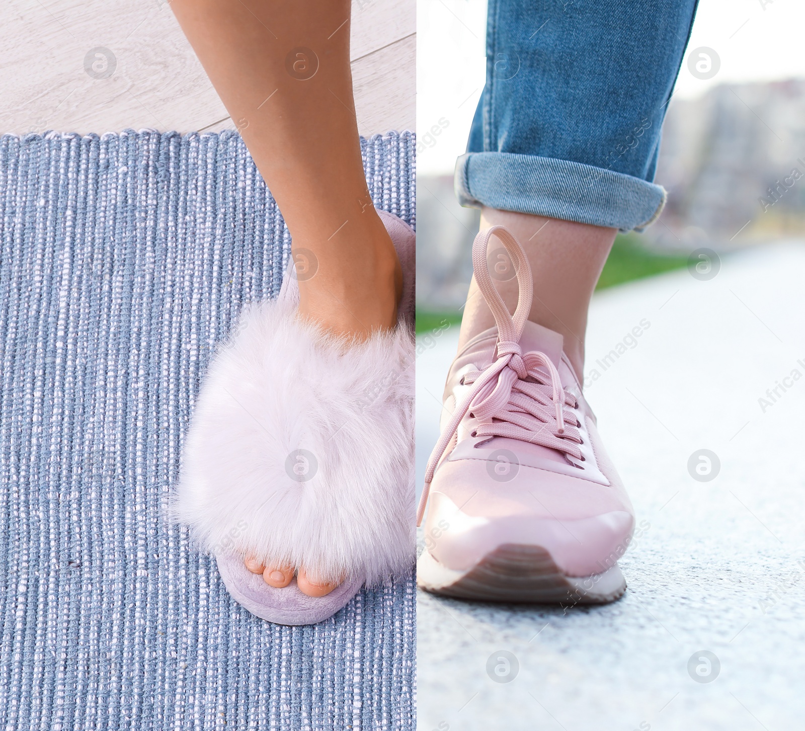 Image of Woman in different shoes, closeup. Concept of balance between work and life 