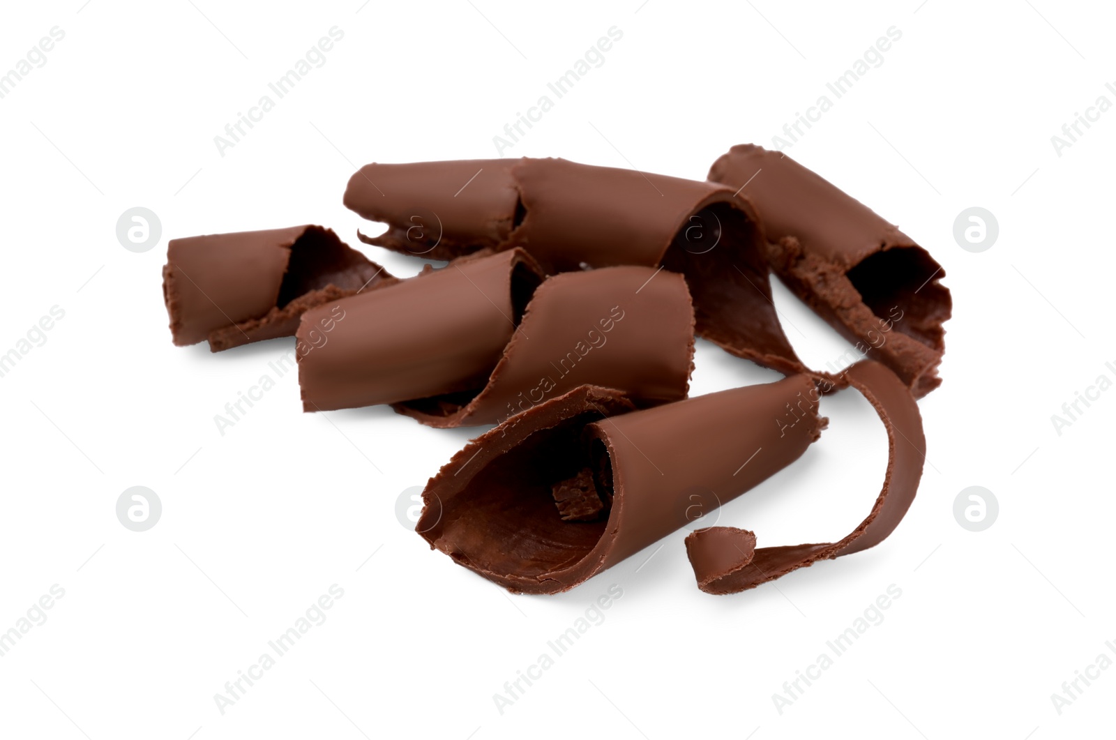 Photo of Pile of tasty chocolate shavings isolated on white