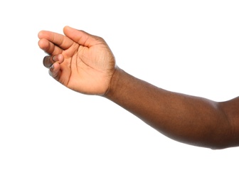 Photo of African-American man showing hand gesture on white background, closeup