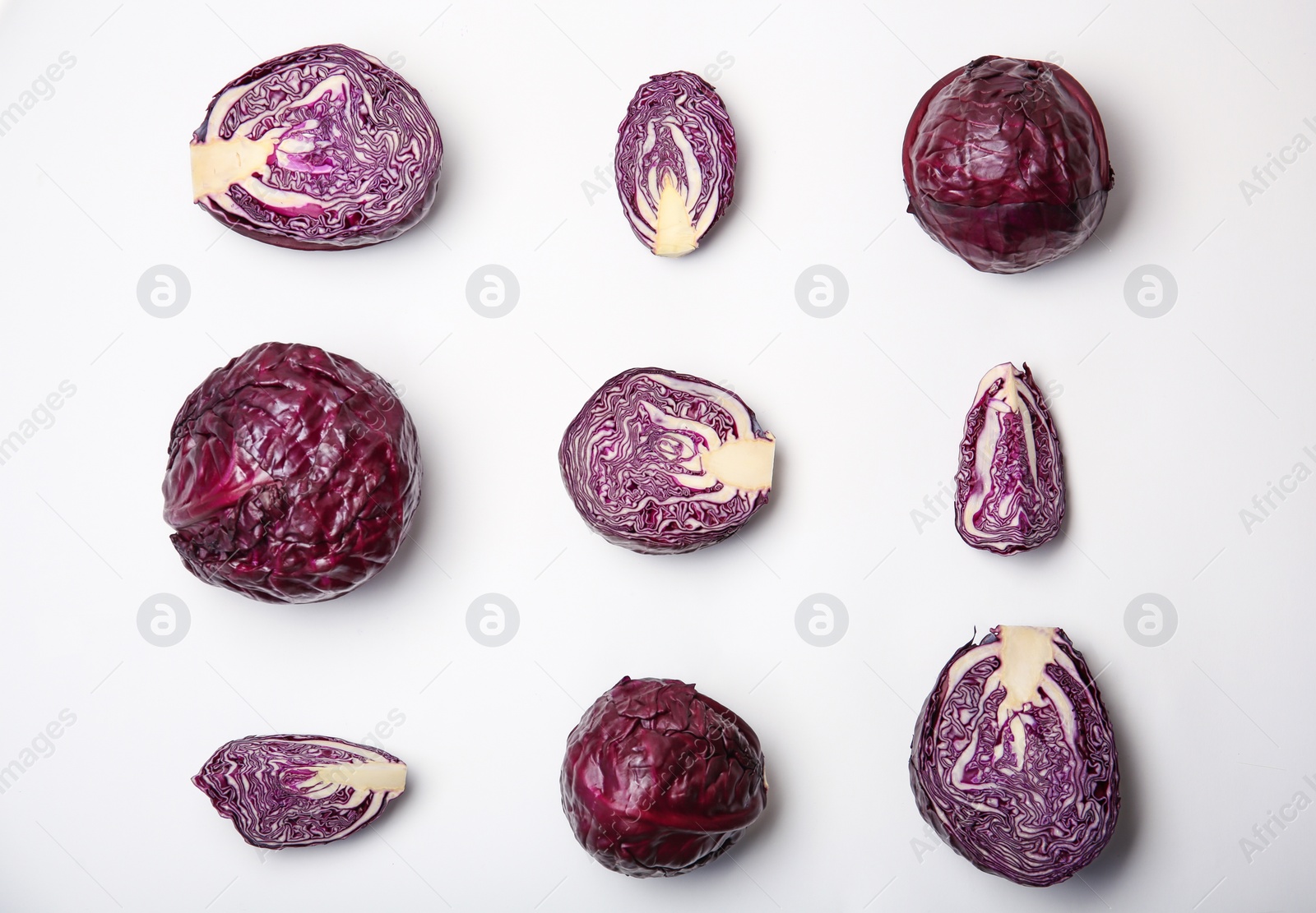 Photo of Composition with ripe red cabbage on white background