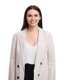 Beautiful young businesswoman in suit on white background