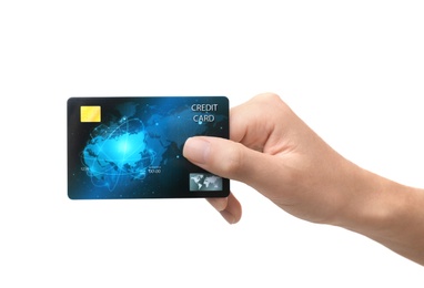 Woman holding credit card on white background