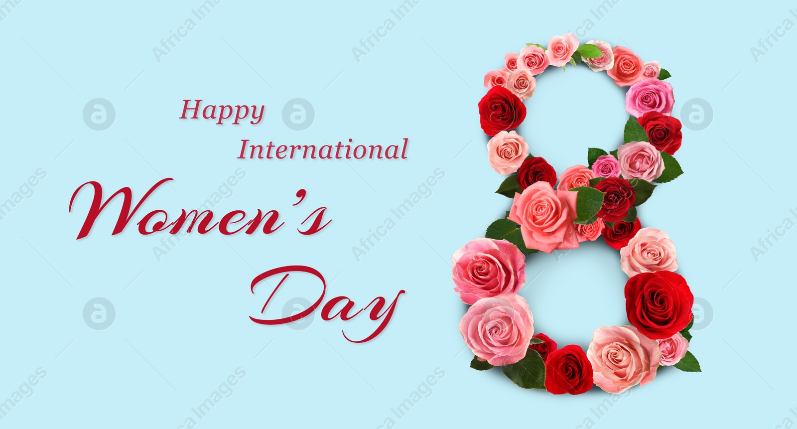 Image of Happy International Women's Day greeting card design with number 8 of beautiful flowers on light blue background