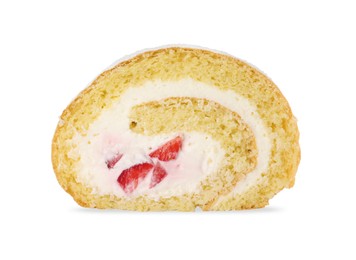 Photo of Slice of delicious sponge cake roll with strawberries and cream on white background