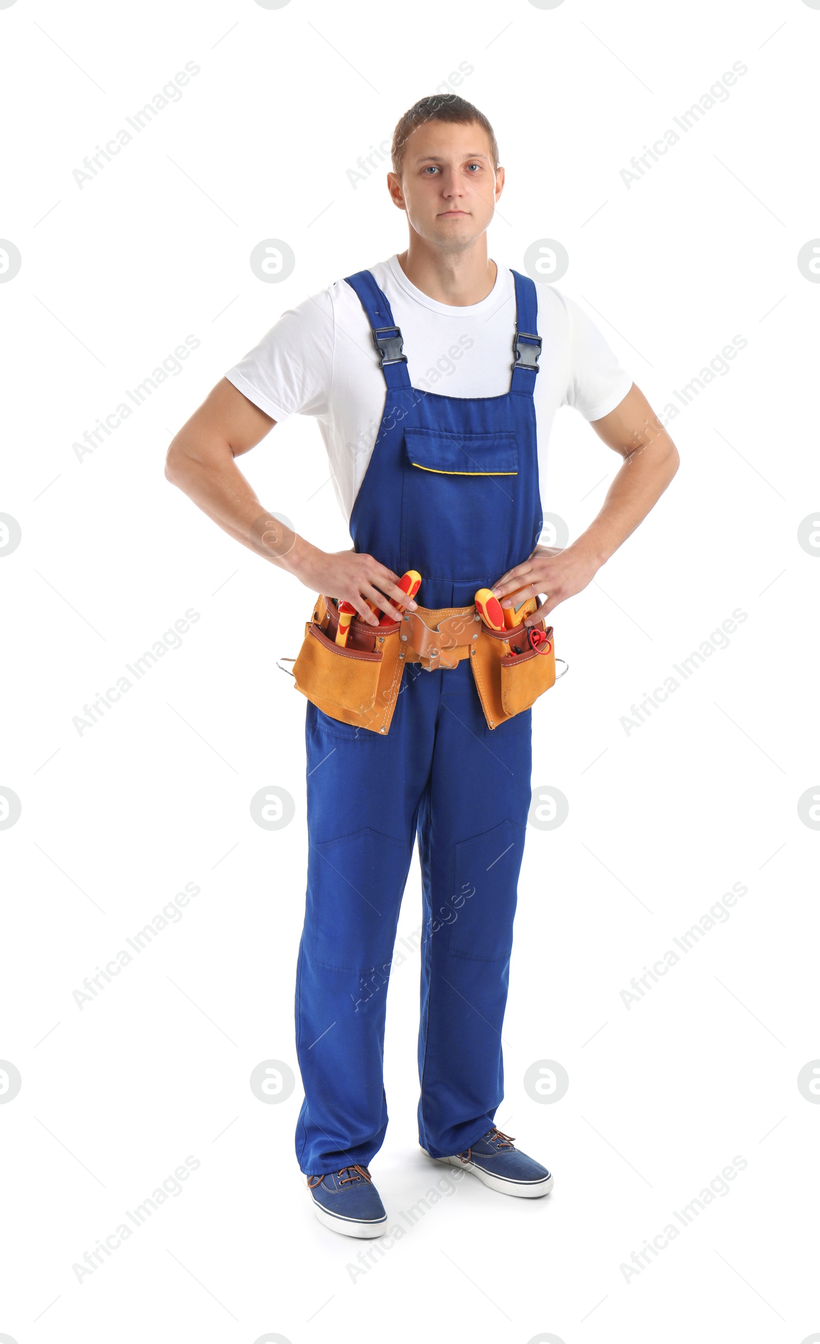 Photo of Electrician with tools wearing uniform on white background