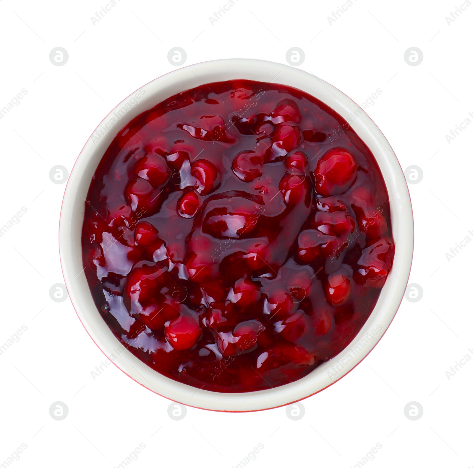 Photo of Fresh cranberry sauce in bowl isolated on white, top view