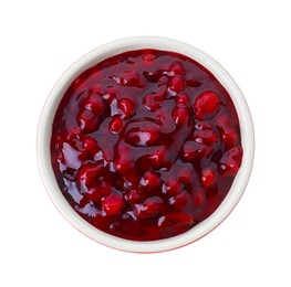 Fresh cranberry sauce in bowl isolated on white, top view
