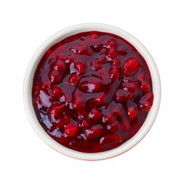 Photo of Fresh cranberry sauce in bowl isolated on white, top view