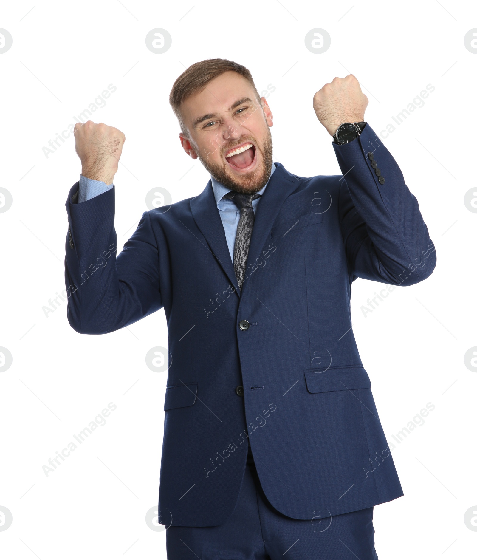 Photo of Young businessman celebrating victory on white background