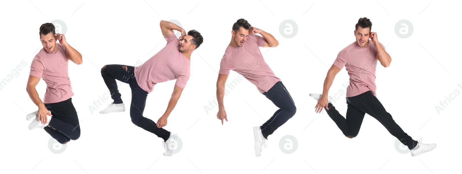 Image of Collage of emotional young man wearing fashion clothes jumping on white background. Banner design