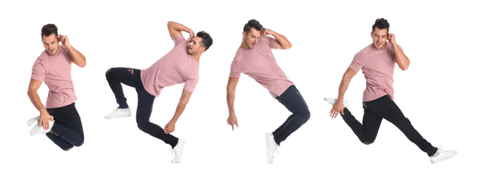 Collage of emotional young man wearing fashion clothes jumping on white background. Banner design