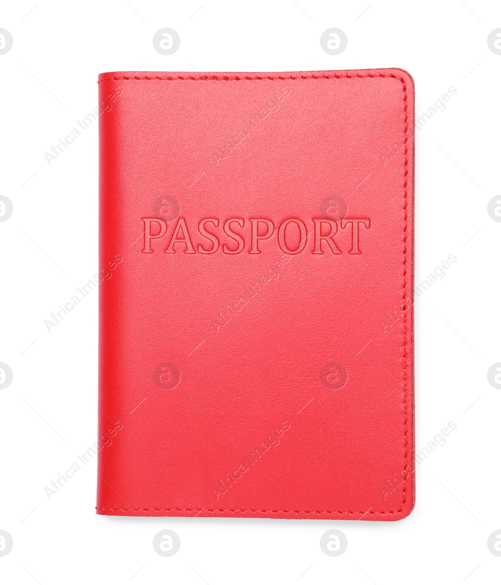 Photo of Passport in red leather case isolated on white, top view