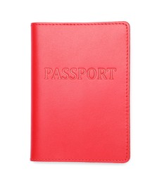 Photo of Passport in red leather case isolated on white, top view