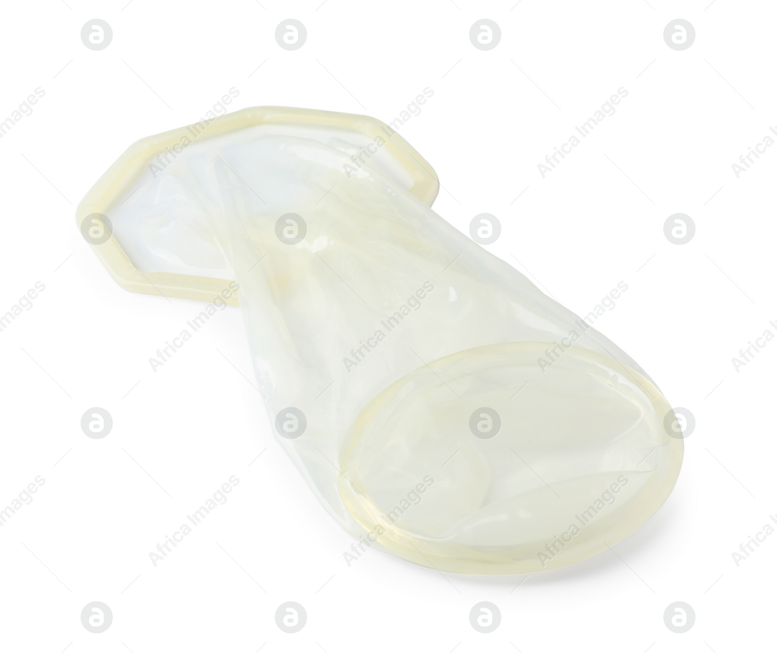 Photo of Unrolled female condom isolated on white. Safe sex