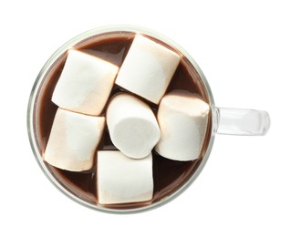 Photo of Cup of aromatic hot chocolate with marshmallows isolated on white, top view