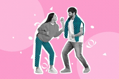Happy couple dancing on bright background. Creative collage with stylish man and woman. Concept of music, party, fashion, lifestyle