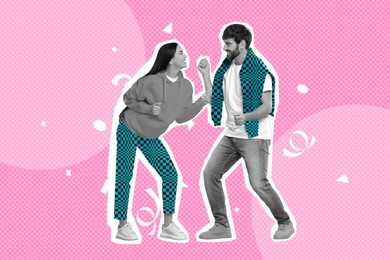 Image of Happy couple dancing on bright background. Creative collage with stylish man and woman. Concept of music, party, fashion, lifestyle