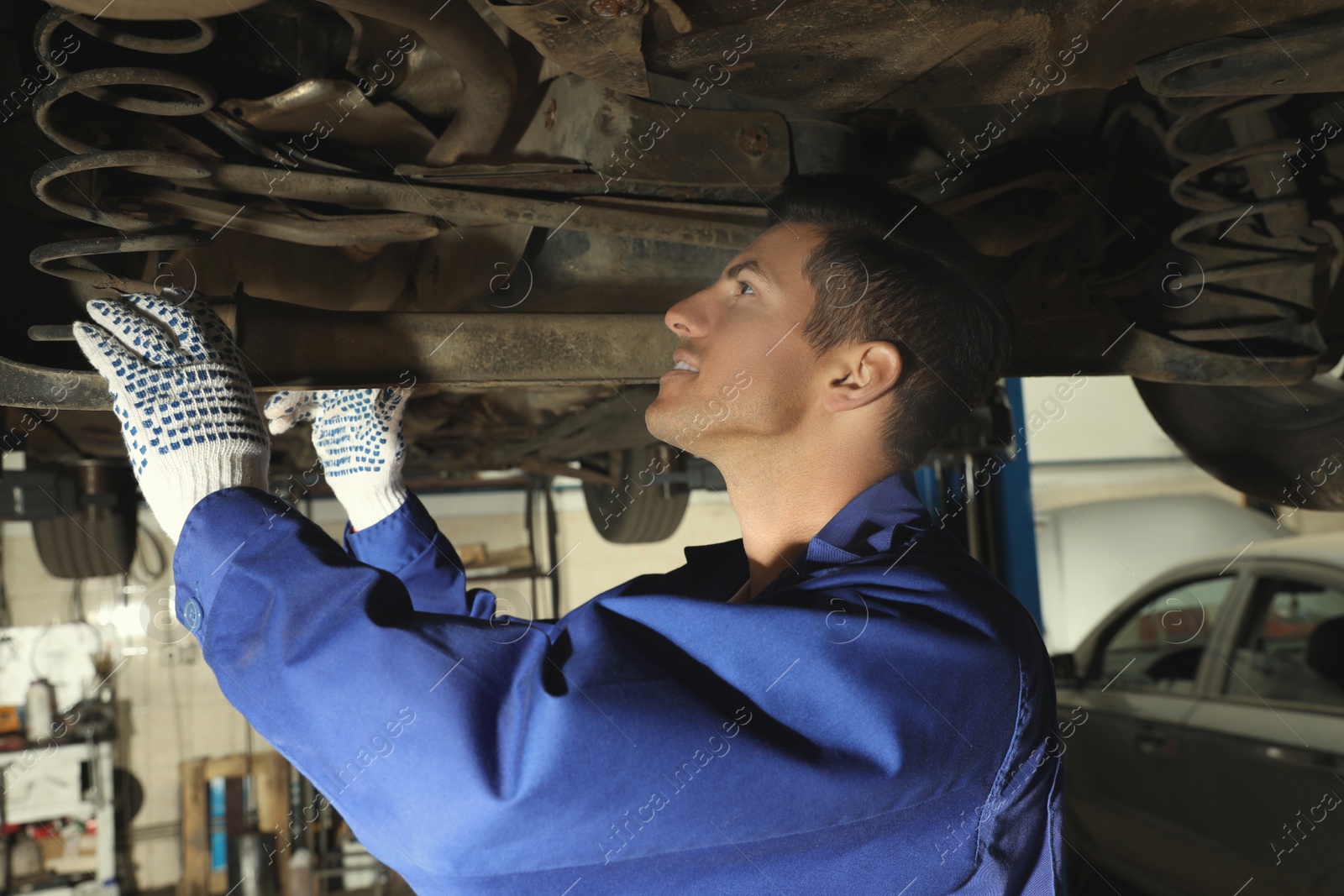 Photo of Professional mechanic fixing lifted car at automobile repair shop