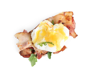 Photo of Fresh delicious egg Benedict isolated on white, top view