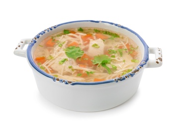 Photo of Dish with fresh homemade chicken soup on white background