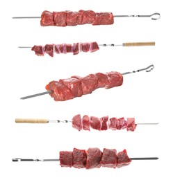 Image of Metal skewers with raw meat on white background, collage