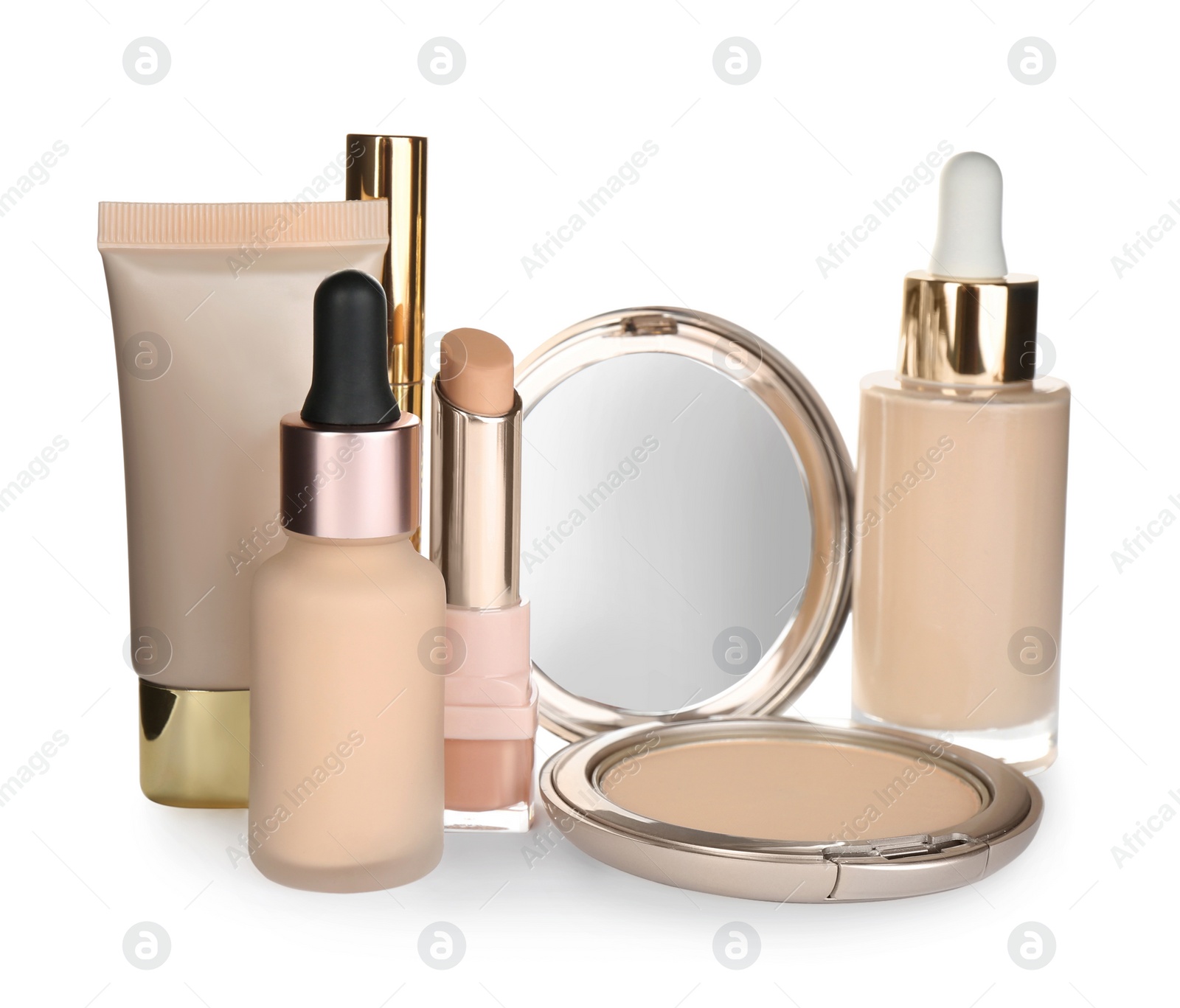 Photo of Foundation makeup products on white background. Decorative cosmetics