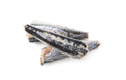 Photo of Delicious canned mackerel fillets on white background, top view