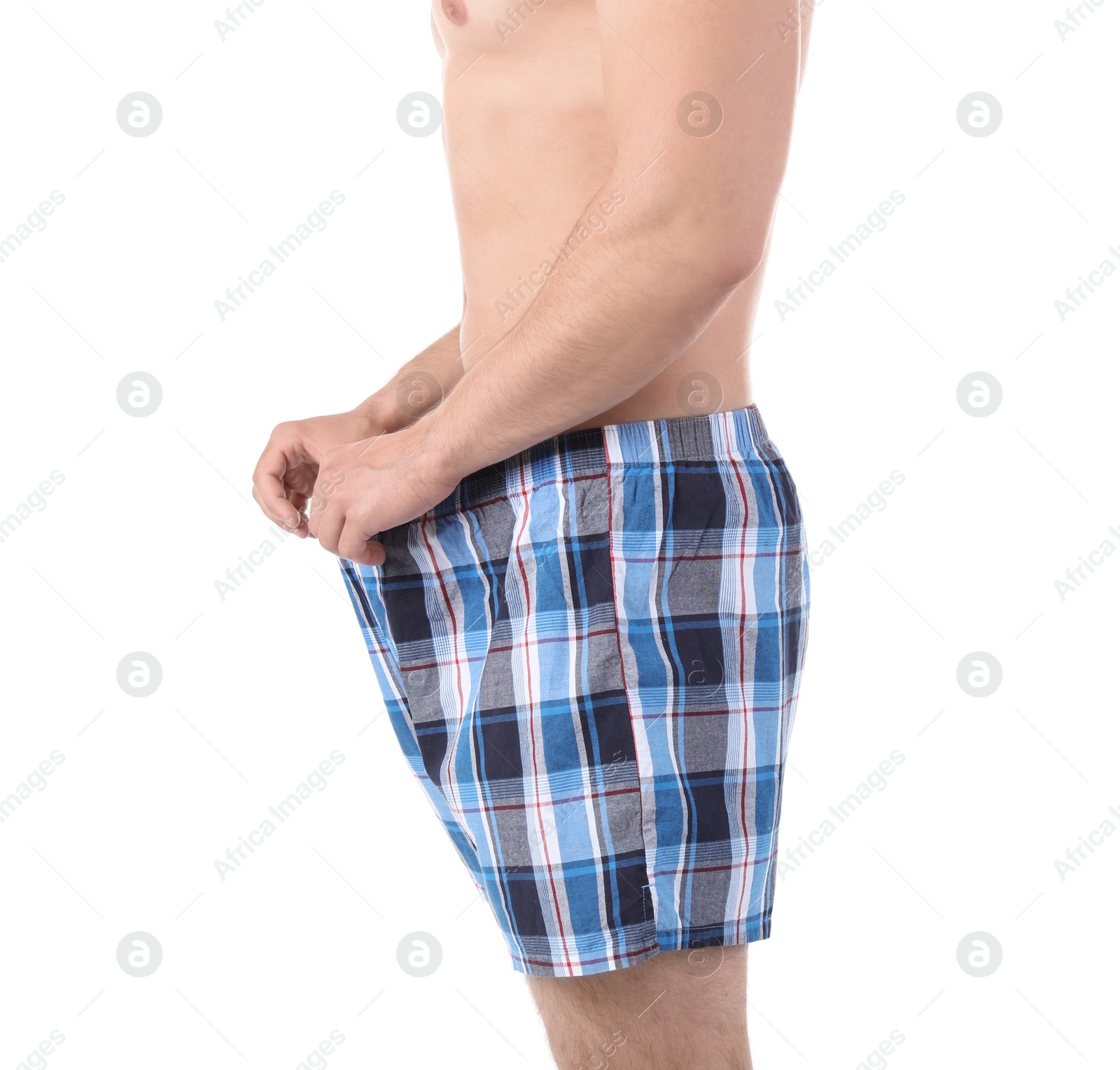 Photo of Young man with urological problems on white background