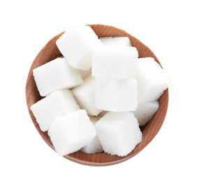 Photo of Refined sugar isolated on white, top view
