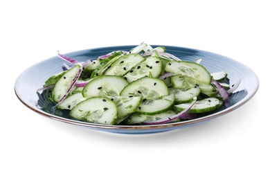 Photo of Plate with tasty cucumber salad on white background