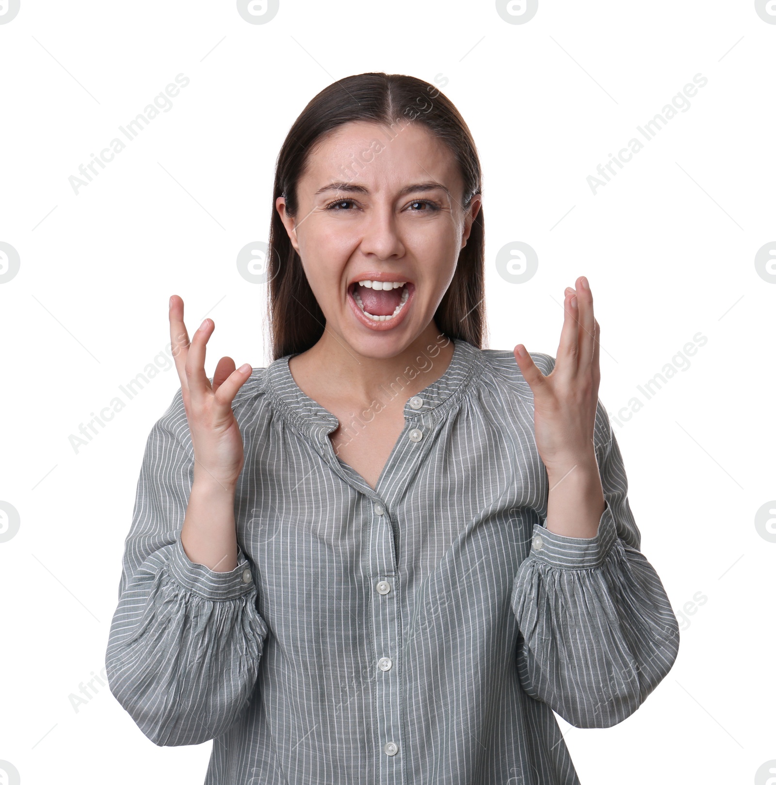 Photo of Portrait of emotional young woman on white background. Personality concept