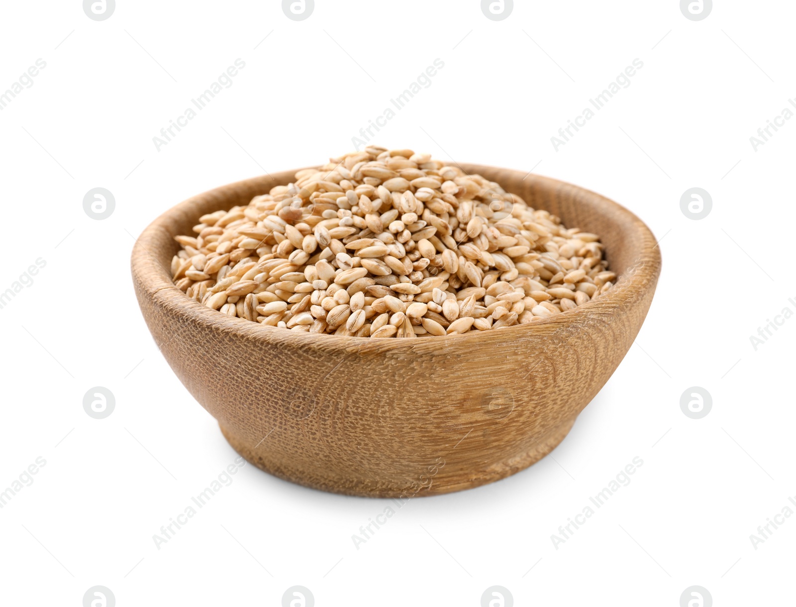 Photo of Dry pearl barley in bowl isolated on white