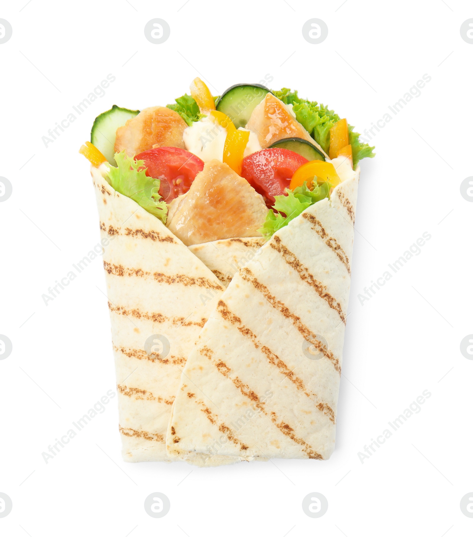 Photo of Delicious shawarma with chicken meat and fresh vegetables isolated on white, top view