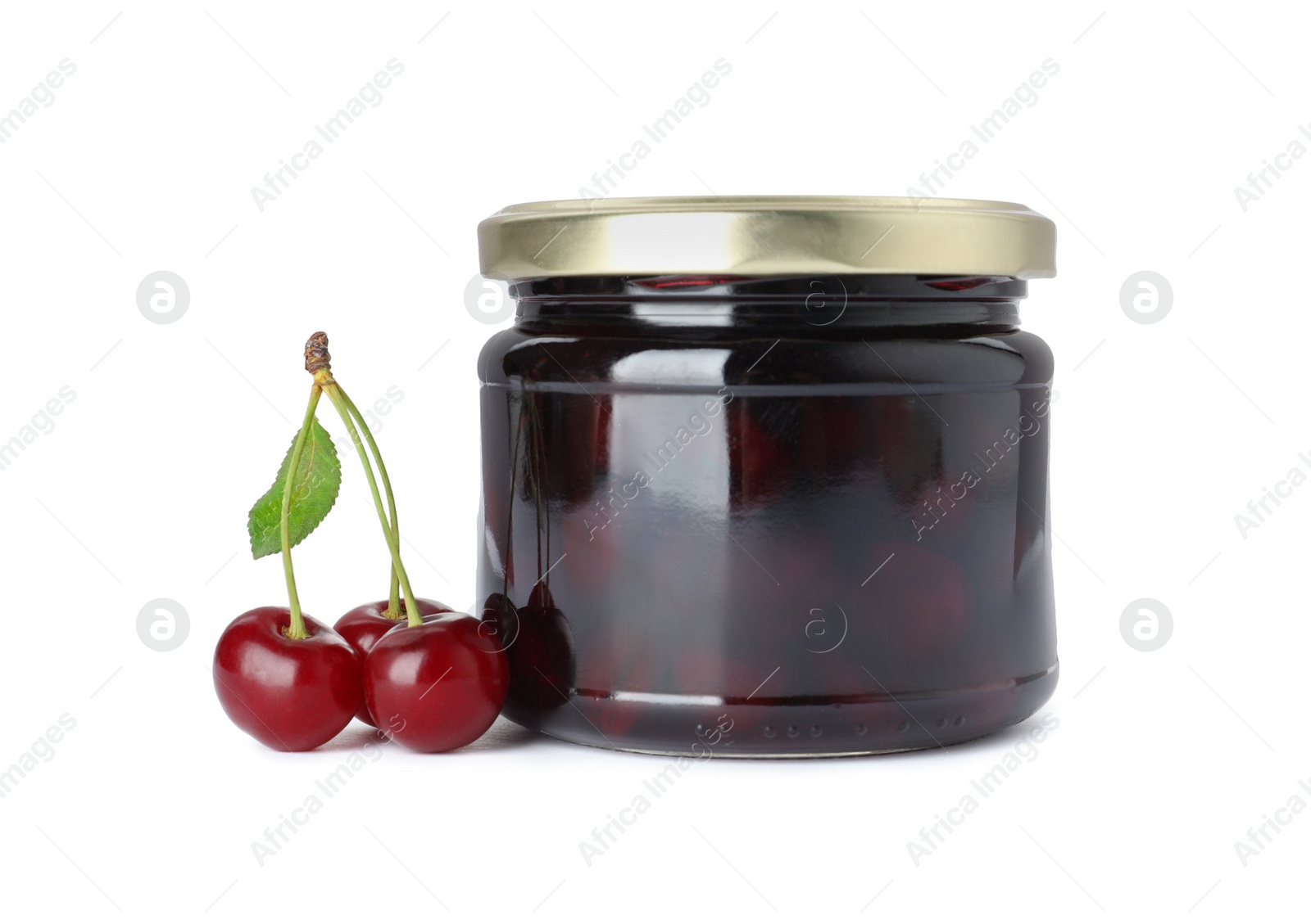 Photo of Jar of cherry jam and fresh berries on white background