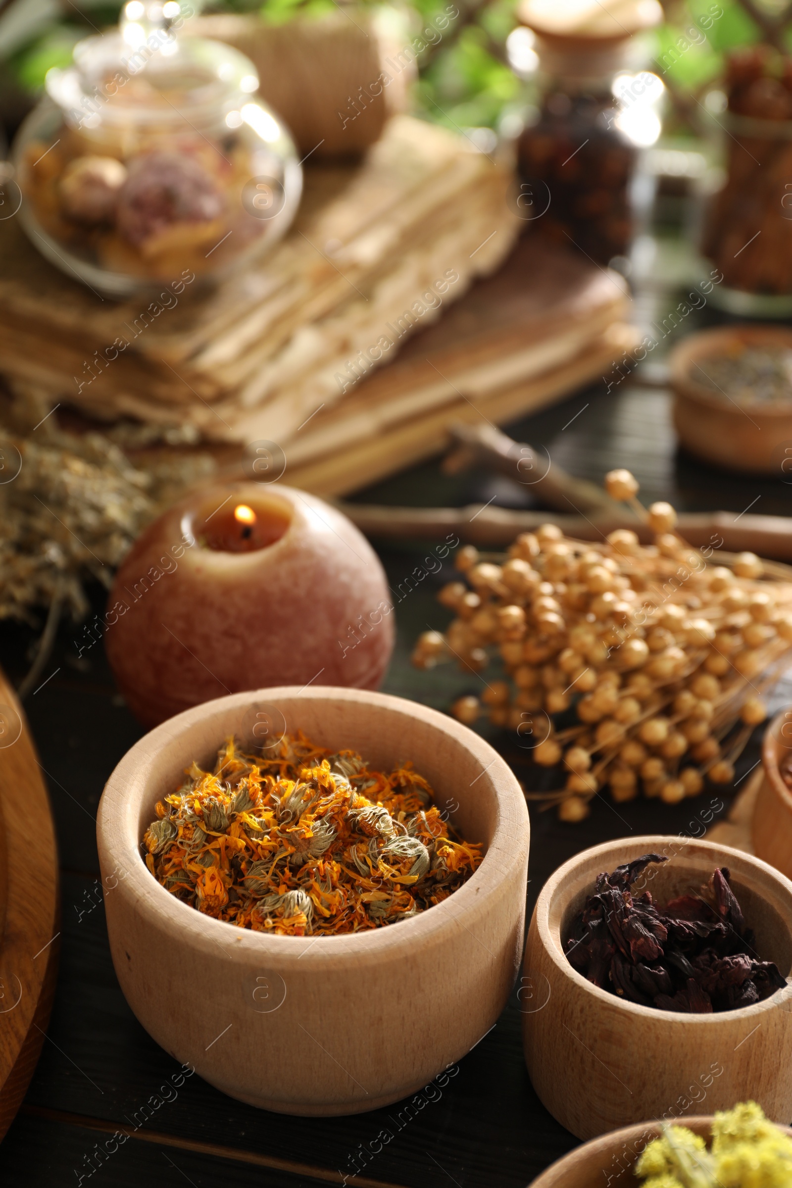 Photo of Different dry herbs, flowers and burning candle on table indoors