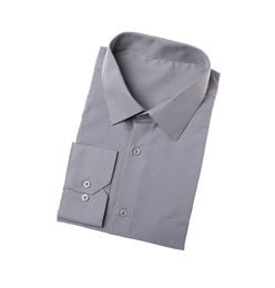 Photo of Stylish shirt isolated on white, top view. Dry-cleaning service