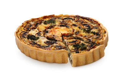 Delicious quiche with mushrooms isolated on white